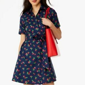 Navy Short-Sleeve Shirt Dress with Strawberries Print